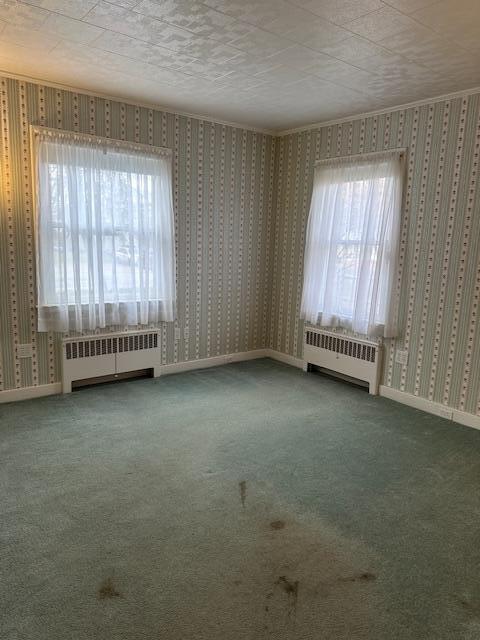 empty room with carpet flooring and radiator