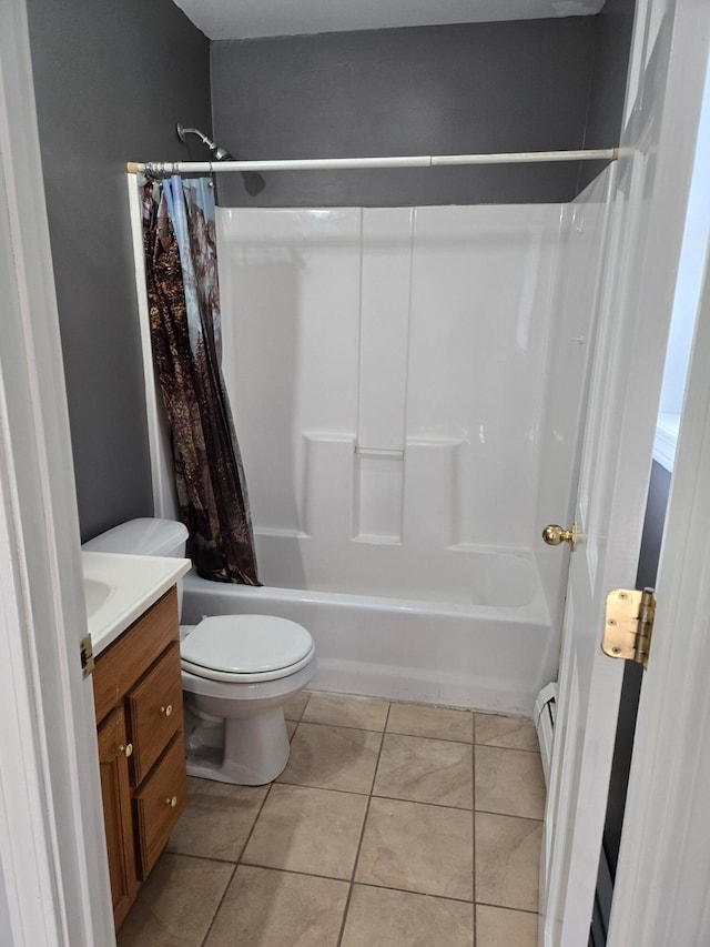 full bathroom featuring vanity, tile patterned floors, toilet, shower / bathtub combination with curtain, and a baseboard radiator