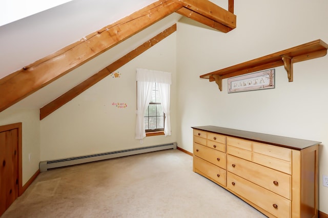 additional living space featuring vaulted ceiling with beams, light carpet, and a baseboard heating unit