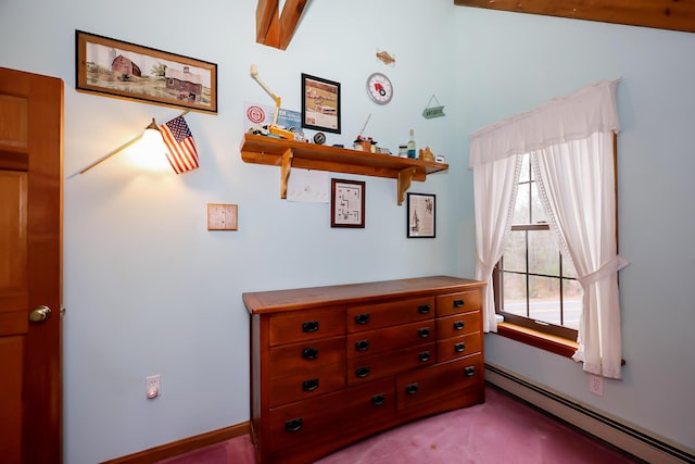 carpeted bedroom featuring vaulted ceiling with beams and baseboard heating