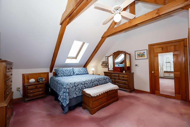 bedroom with vaulted ceiling with beams, ceiling fan, and carpet floors