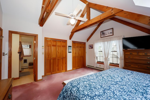 carpeted bedroom with beamed ceiling, ceiling fan, baseboard heating, and high vaulted ceiling