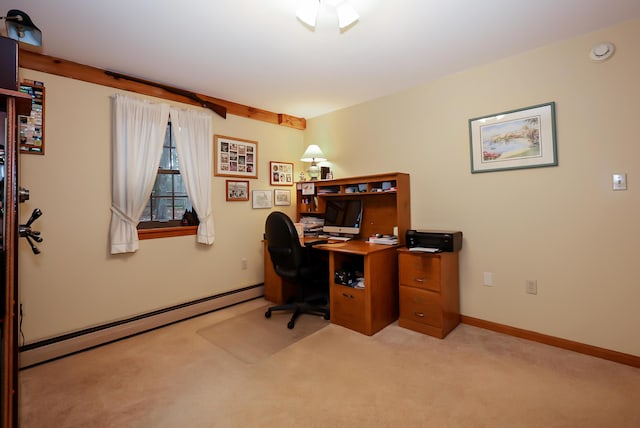 carpeted office featuring a baseboard radiator