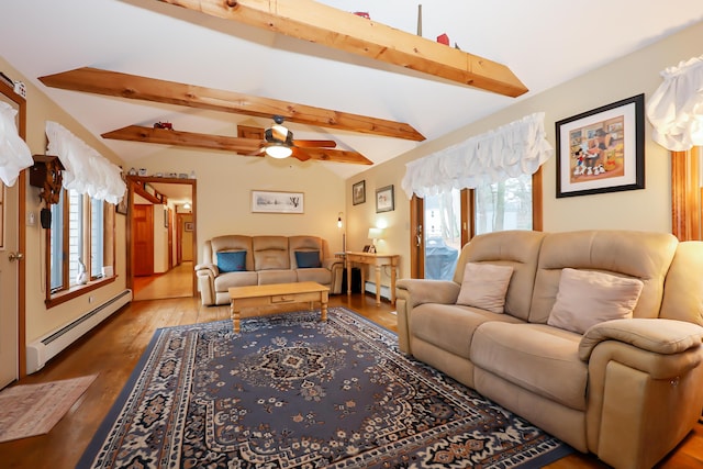 living room with hardwood / wood-style floors, lofted ceiling with beams, ceiling fan, and a baseboard heating unit