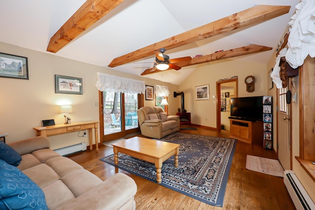 living room featuring a wood stove, lofted ceiling with beams, dark hardwood / wood-style flooring, and a baseboard radiator