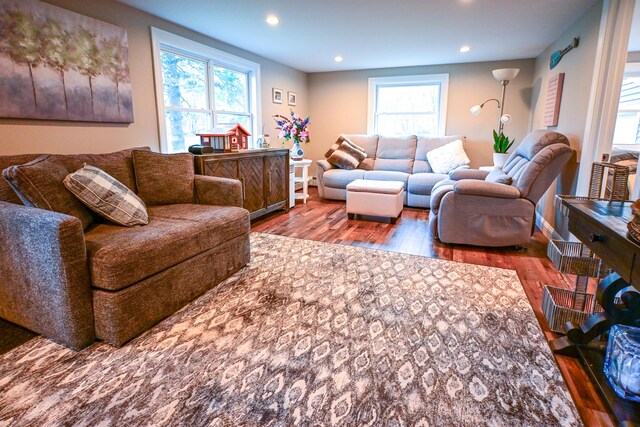 living room with wood finished floors and recessed lighting