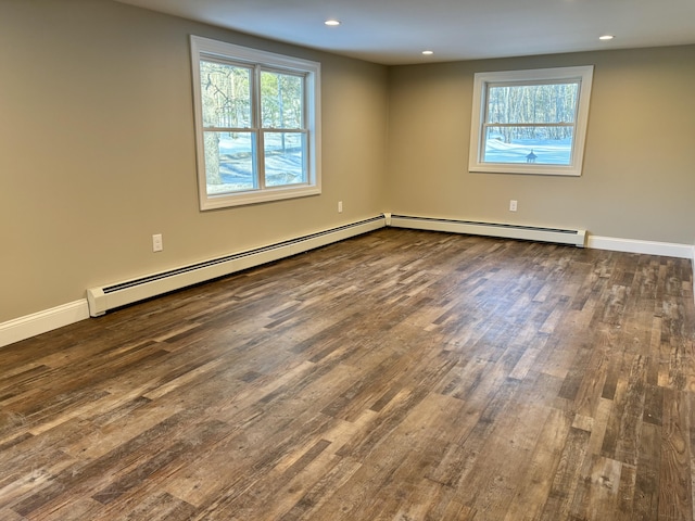 unfurnished room featuring dark wood-style flooring and a baseboard radiator