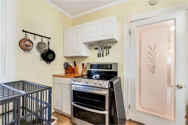 363 Broadway, Bangor, ME 04401 - kitchen featuring double oven range, white cabinets, and crown molding