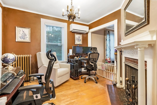 363 Broadway, Bangor, ME 04401 - office space with an AC wall unit, radiator heating unit, wood finished floors, ornamental molding, and a chandelier