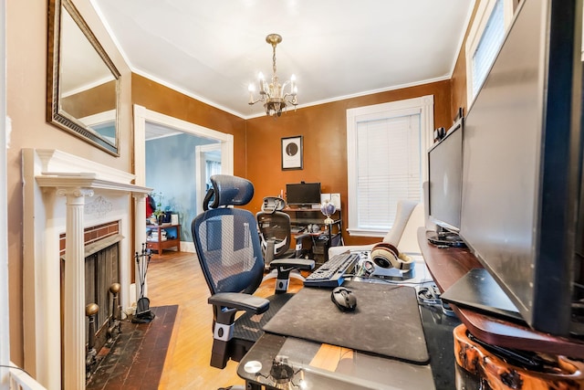 363 Broadway, Bangor, ME 04401 - home office with wood finished floors, a chandelier, ornamental molding, and a fireplace