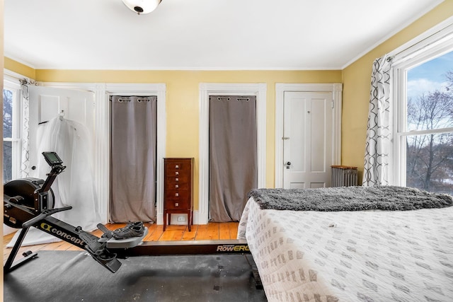 363 Broadway, Bangor, ME 04401 - bedroom featuring wood finished floors, two closets, and crown molding
