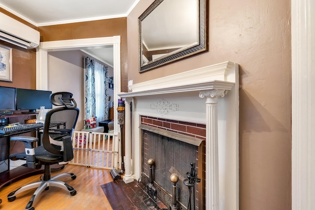 363 Broadway, Bangor, ME 04401 - office space featuring an AC wall unit, wood finished floors, a tiled fireplace, and ornamental molding