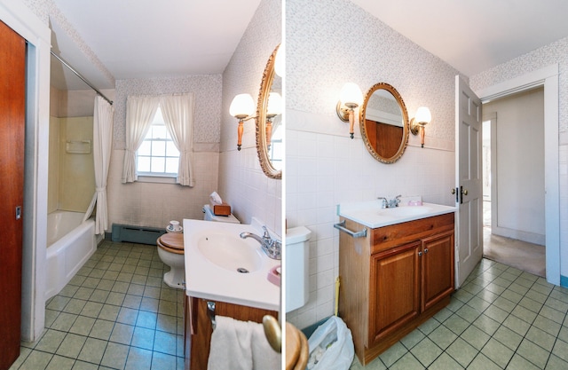 full bathroom featuring shower / bath combo, vanity, a baseboard radiator, and tile walls