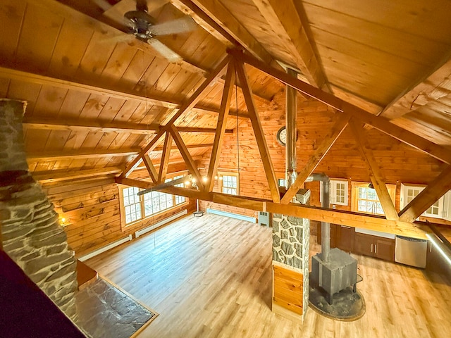 bonus room featuring vaulted ceiling with beams, wooden walls, wooden ceiling, and hardwood / wood-style flooring