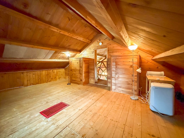 additional living space featuring hardwood / wood-style floors, lofted ceiling with beams, wooden walls, and wood ceiling