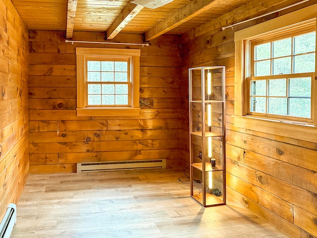 spare room featuring baseboard heating, wooden walls, plenty of natural light, and light hardwood / wood-style flooring