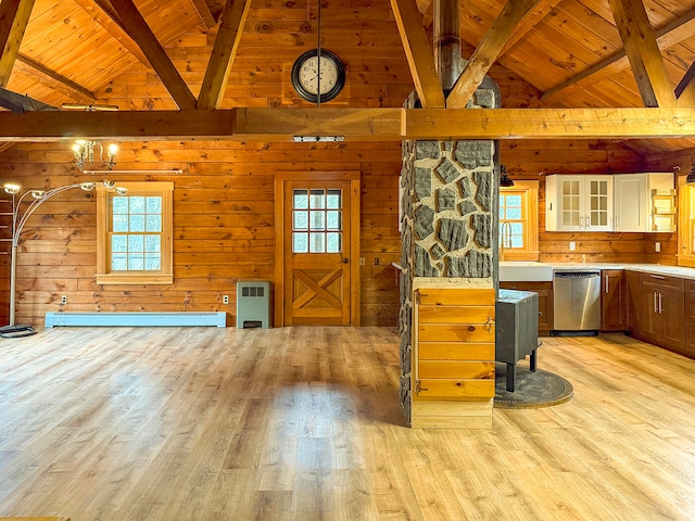 kitchen featuring a wealth of natural light, wooden walls, light hardwood / wood-style floors, and wooden ceiling