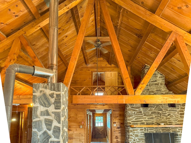 interior details with beam ceiling, wood ceiling, and wood walls