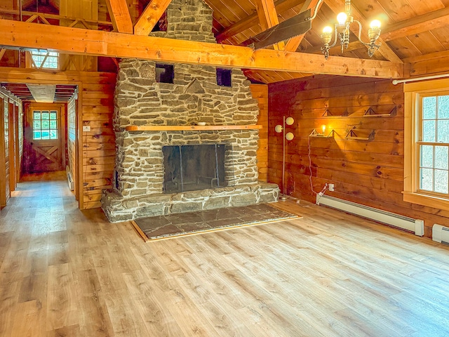 unfurnished living room with wooden ceiling, baseboard heating, beamed ceiling, wood walls, and hardwood / wood-style flooring