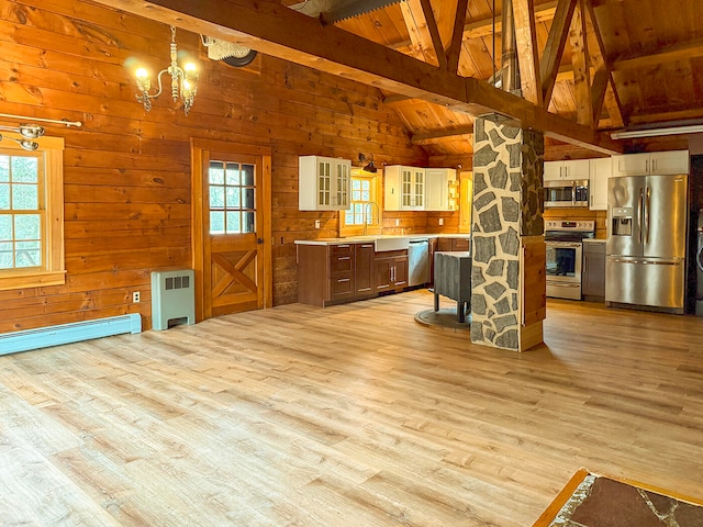 kitchen with appliances with stainless steel finishes, decorative light fixtures, light hardwood / wood-style flooring, and a healthy amount of sunlight