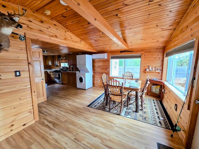 dining room featuring vaulted ceiling with beams, wood walls, light hardwood / wood-style flooring, and wooden ceiling