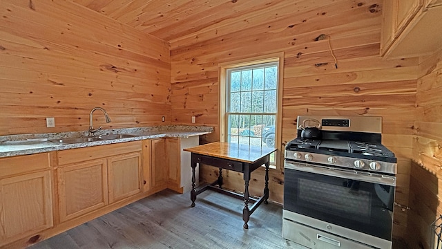 kitchen featuring sink, dark hardwood / wood-style flooring, stainless steel gas stove, and wood walls