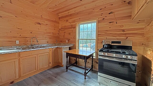 10 Bog Brook Way, Cutler, ME 04626 - kitchen with gas range, a sink, wood finished floors, wood walls, and light brown cabinetry