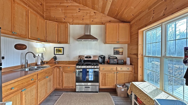 kitchen featuring stainless steel gas range oven, wall chimney exhaust hood, vaulted ceiling, dark wood-type flooring, and sink