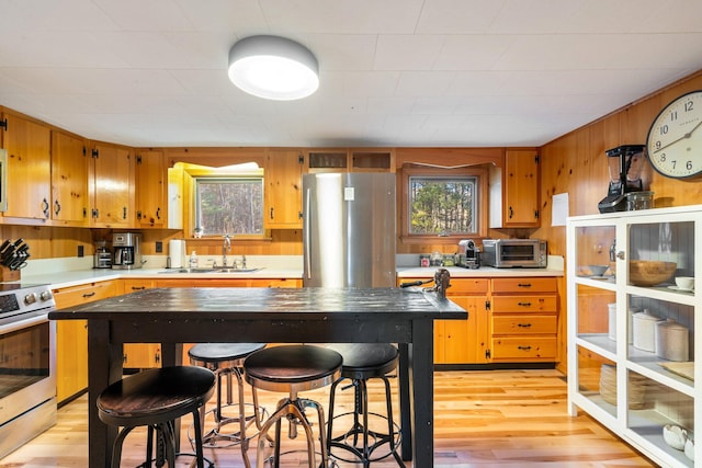 kitchen featuring light hardwood / wood-style flooring, sink, wooden walls, and stainless steel appliances