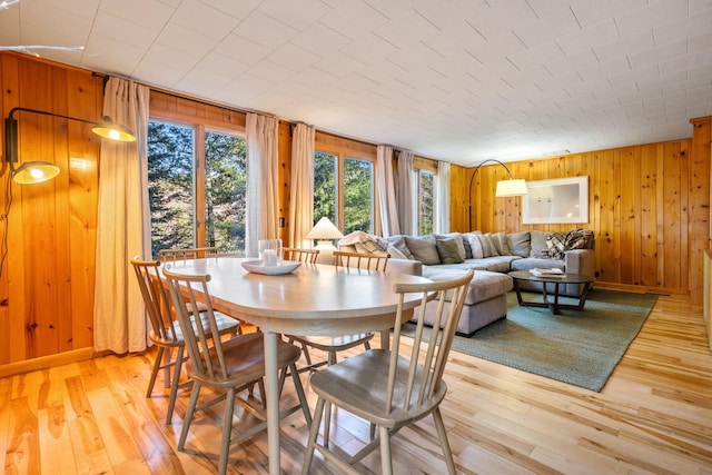 dining area with wood walls and light wood-type flooring