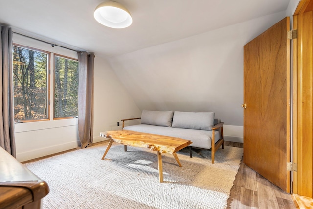 living area with light wood-type flooring and lofted ceiling