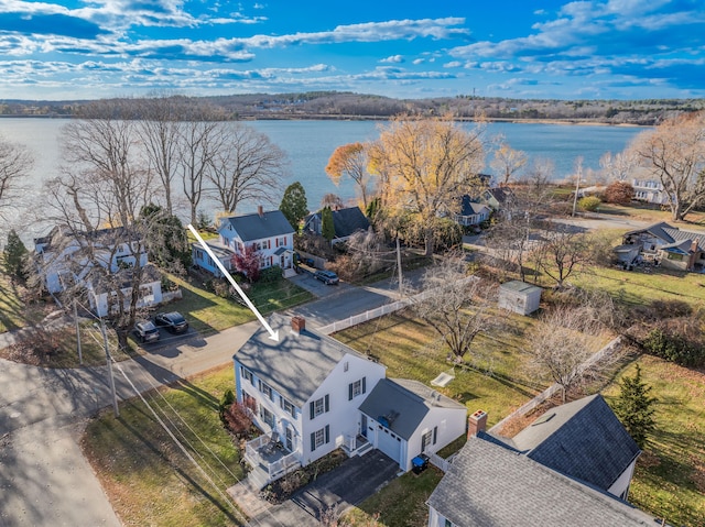 bird's eye view with a water view