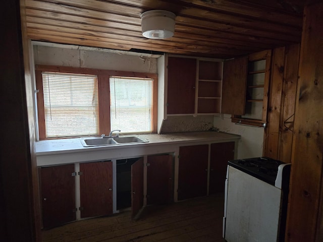 kitchen featuring wood ceiling, sink, white range with gas cooktop, and dark wood-type flooring