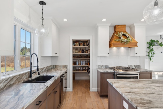 kitchen featuring white cabinets, appliances with stainless steel finishes, sink, and custom exhaust hood