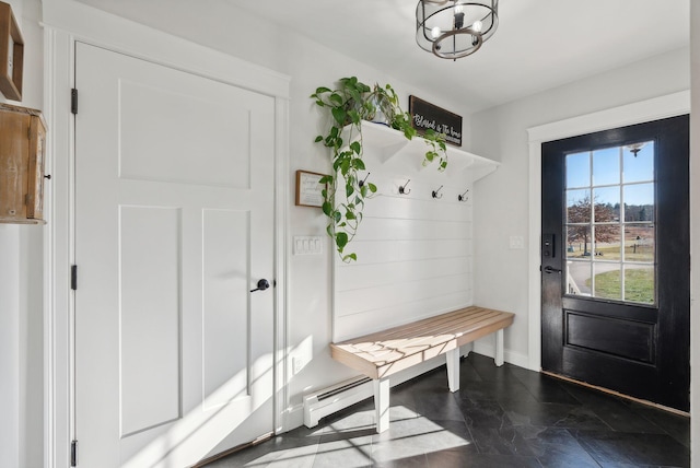 mudroom with a chandelier