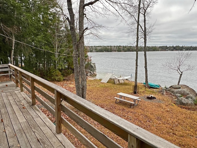 wooden terrace with a water view and a dock