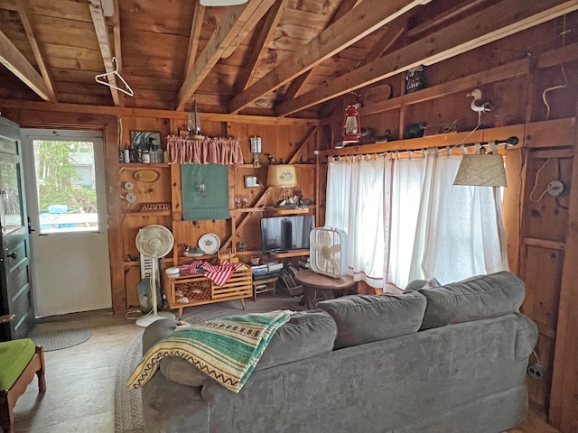 living room with wooden ceiling and lofted ceiling