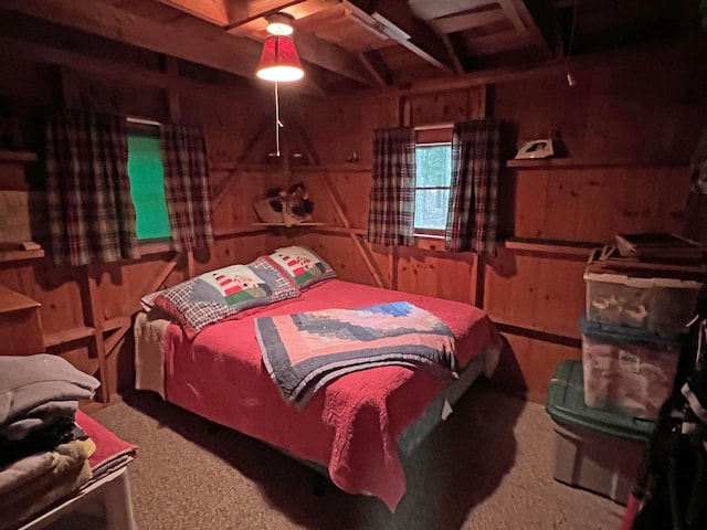 bedroom with wooden walls