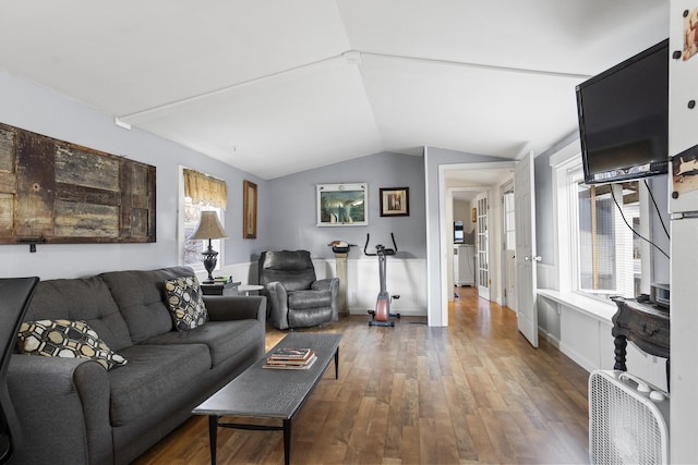 living room with dark hardwood / wood-style flooring, lofted ceiling, and a wealth of natural light