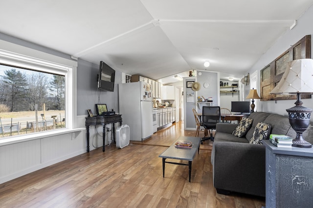 living room with wood-type flooring and lofted ceiling