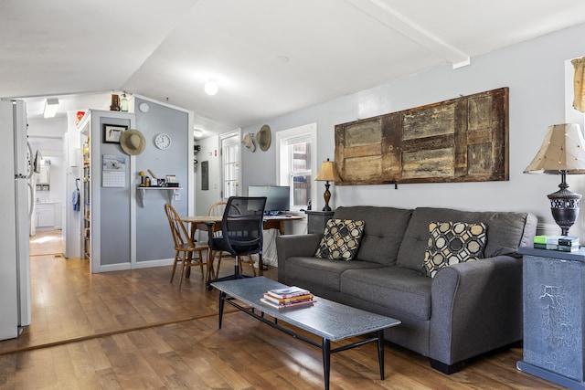 living room with vaulted ceiling and hardwood / wood-style flooring