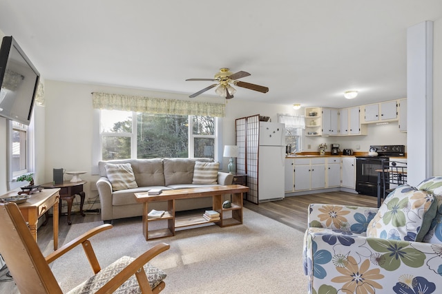 living room featuring ceiling fan, light wood-type flooring, and baseboard heating