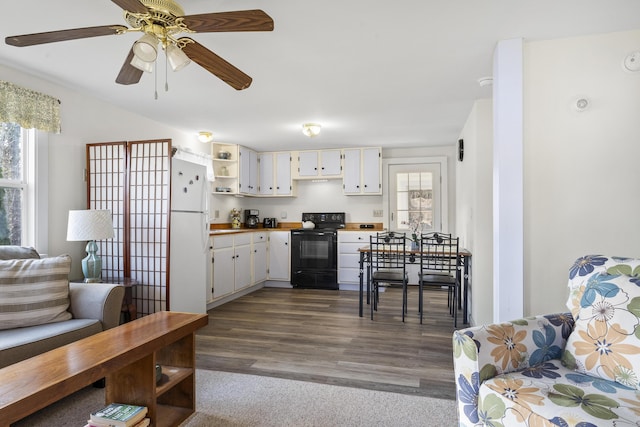 living room with dark hardwood / wood-style flooring and ceiling fan