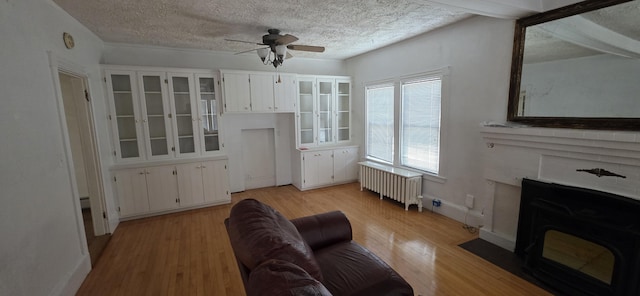 28 Maine Ave, Millinocket, ME 04462 - living room with radiator, a wood stove, a ceiling fan, light wood finished floors, and a textured ceiling