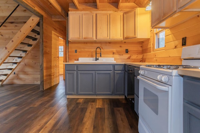 kitchen with wood walls, white gas stove, wood ceiling, and sink