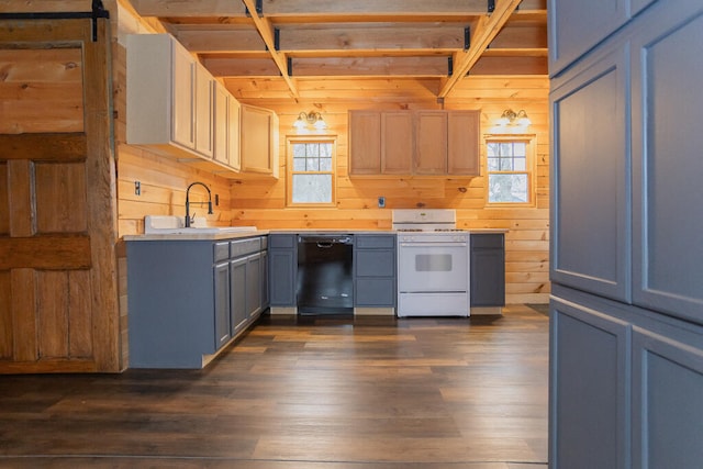 kitchen featuring white range, dark wood-type flooring, sink, a barn door, and dishwasher