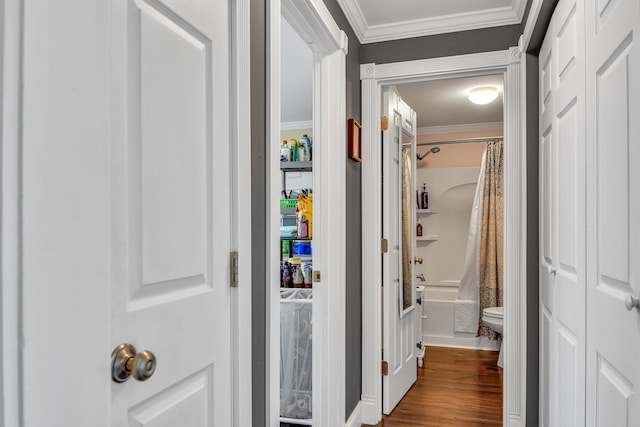 hall featuring crown molding and hardwood / wood-style flooring