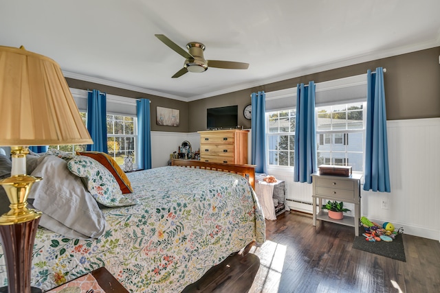 bedroom with multiple windows, ceiling fan, crown molding, and dark wood-type flooring