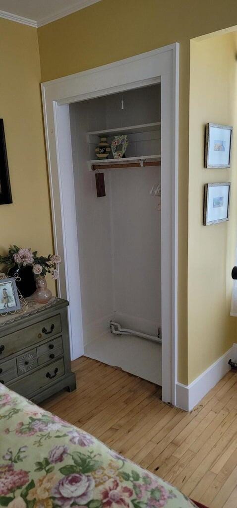 bedroom featuring a closet, light hardwood / wood-style floors, and ornamental molding