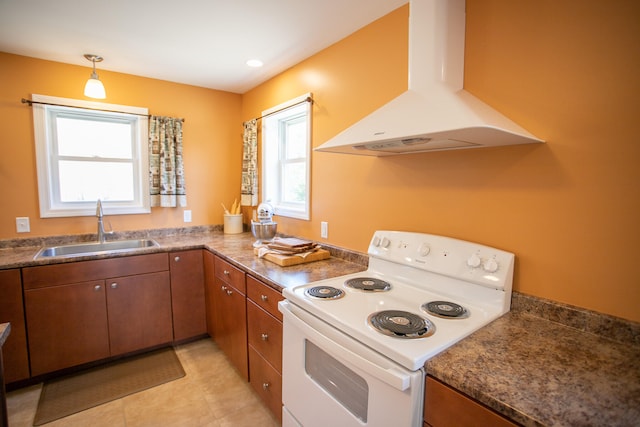 kitchen featuring sink, white range with electric stovetop, a healthy amount of sunlight, and range hood